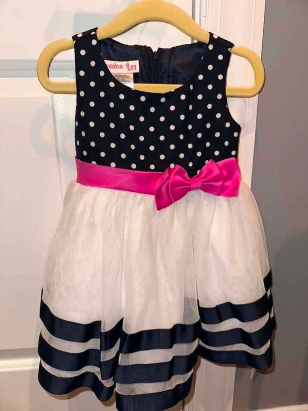 Jessica Ann Navy Polka Dot Dress with White Tulle Skirt and Hot Pink Sash
